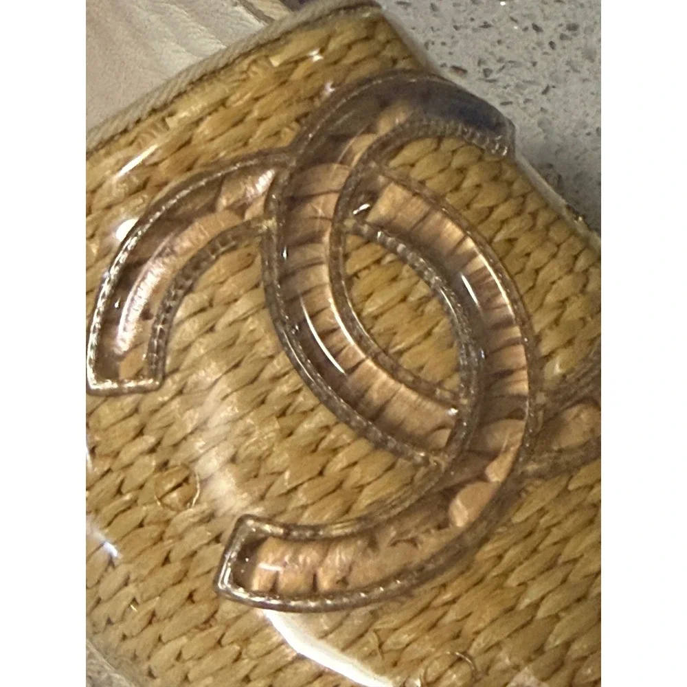 Chanel Raffia PVC CC Logo Espadrilles Beige Woven Straw Flats Slip On Shoes